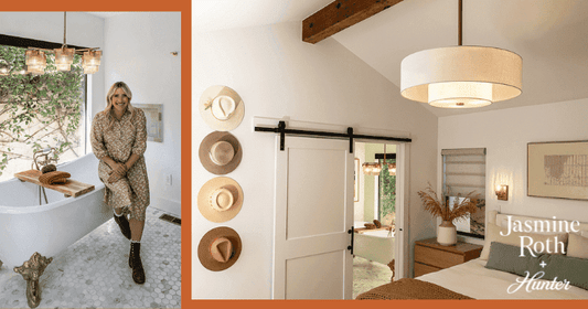 Designing Your Bedroom and Bathroom with Jasmine Roth + Hunter Lighting, featuring the Ontario Chandelier and Brookside Fandelier