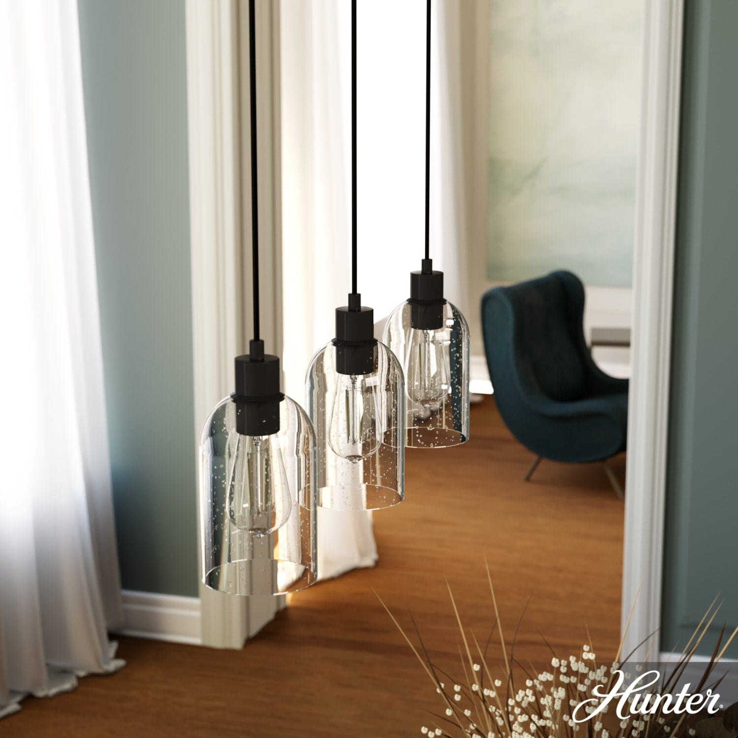 Hunter Lochemeade Clear Seeded Glass 3 Light Linear Pendant 