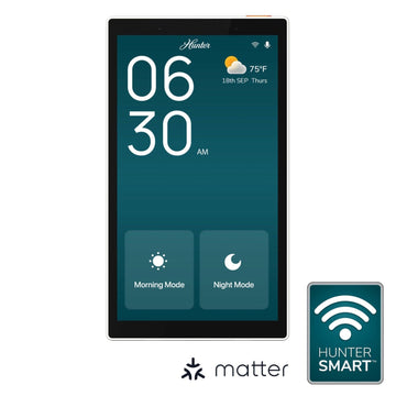 Smart home wall panel displaying time, weather, and automation modes for HunterSMART controls.