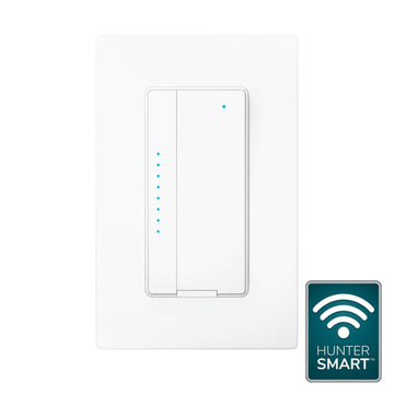 Wall-mounted smart dimmer switch with LED indicators for controlling lighting and ceiling fans.
