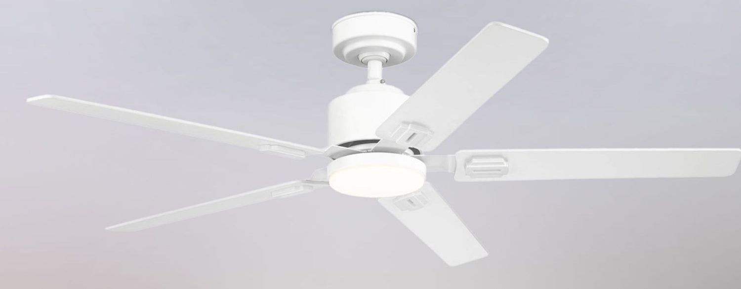 Clean, modern ceiling fan in an all-white finish featuring multiple blades and a sleek integrated light for contemporary spaces.