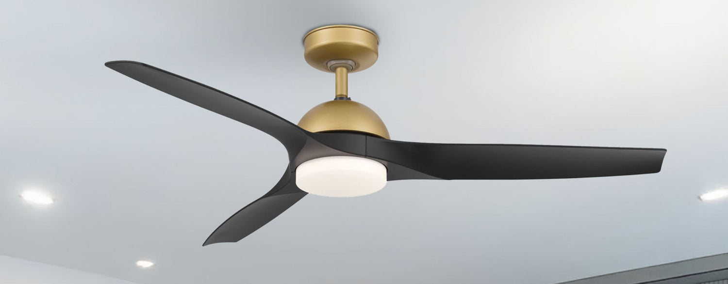 Modern ceiling fan with three matte black blades and a brushed gold motor housing, featuring an integrated LED light, mounted on a white ceiling in a contemporary room