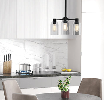 Lochemeade chandelier with smoked glass in modern kitchen in natural black iron finish.