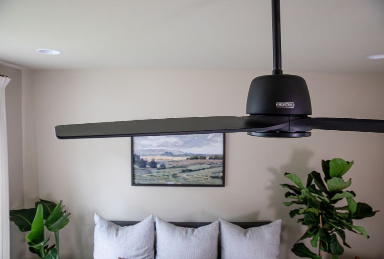 Malden ceiling fan in living space in matte black finish.