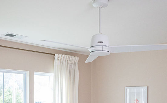 Malden Indoor Ceiling Fan in white finish mounted in bedroom on white ceiling.