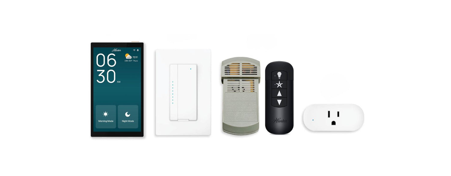 Collection of HunterSMART™ control options showing app interface, wall control, handheld remote, and connected plug for seamless home integration.
