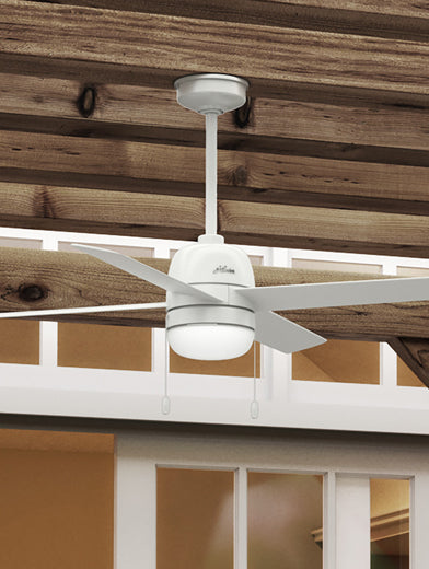 Orsini ceiling fan with downrod in fresh white finish.