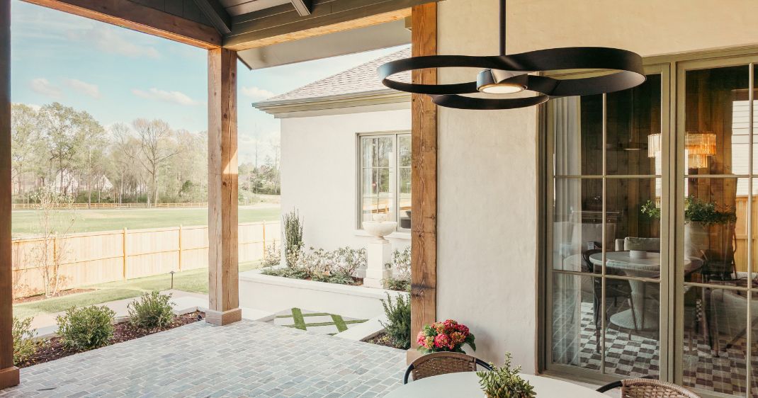 Hunter ZenTech bladeless ceiling fan installed on a covered patio.