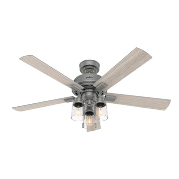 Hartland with LED Light and Pull Chain 52 inch Ceiling Fans Hunter Matte Silver - Light Gray Oak