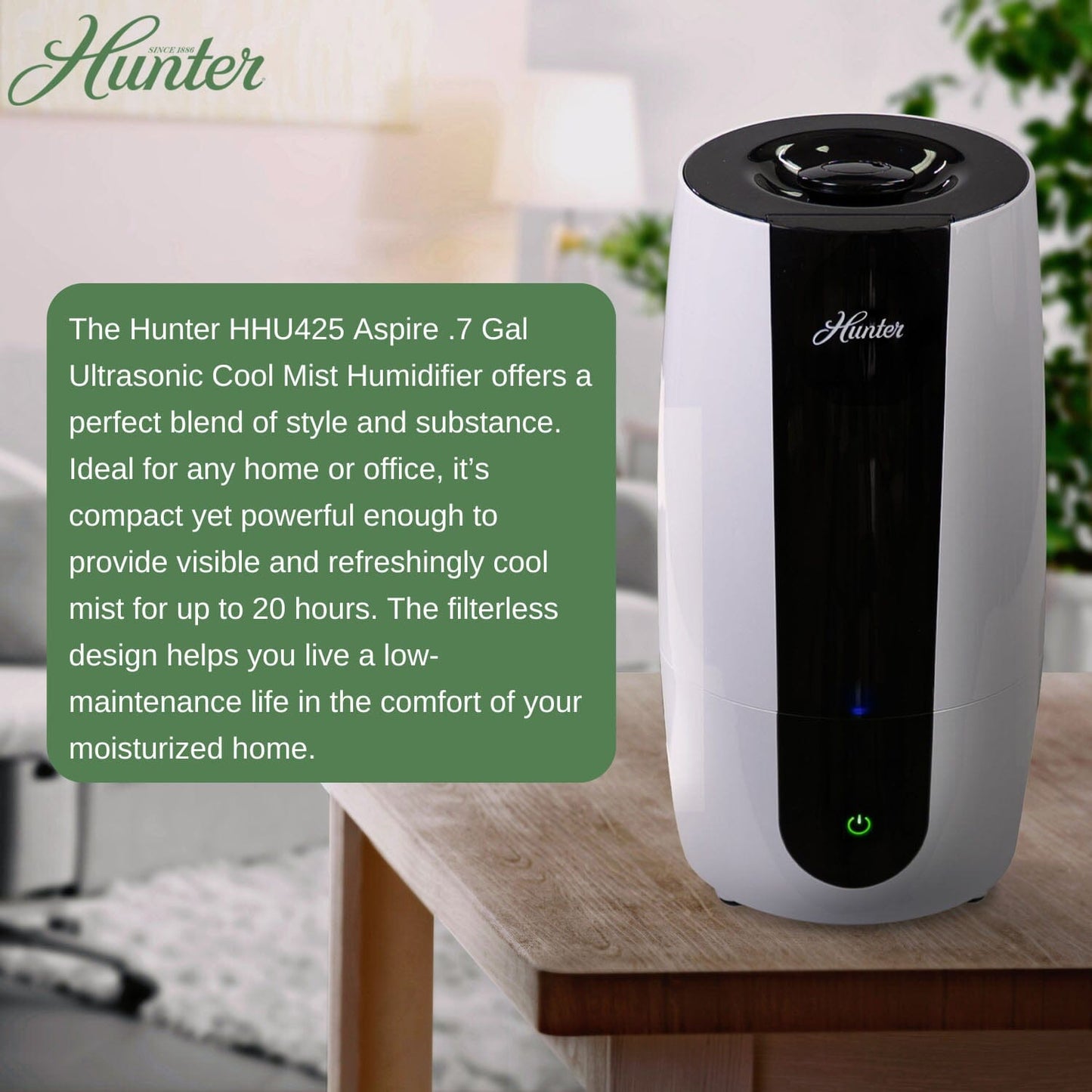 HHU425 Hunter Aspire 0.7 Gal Ultrasonic Cool Mist Humidifier Humidifier Hunter Pure Air