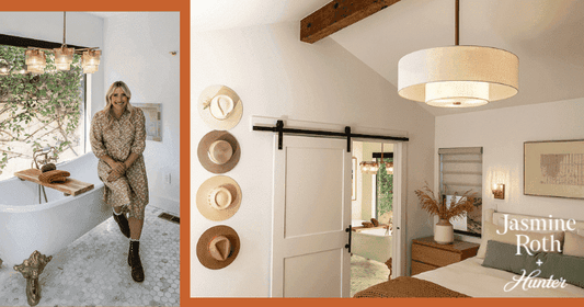 Designing Your Bedroom and Bathroom with Jasmine Roth + Hunter Lighting, featuring the Ontario Chandelier and Brookside Fandelier
