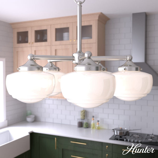 Hunter Saddle Creek Shiny Cased White Glass 5 Light Chandelier