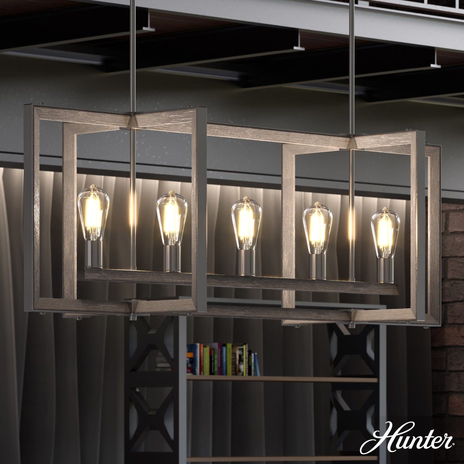 流木インテリア　エジソン6灯ヴィンテージソケット付き　〜12帖　存在感大 Hunter Woodburn 5 Light Linear Chandelier Ceiling Light – Hunter Fan