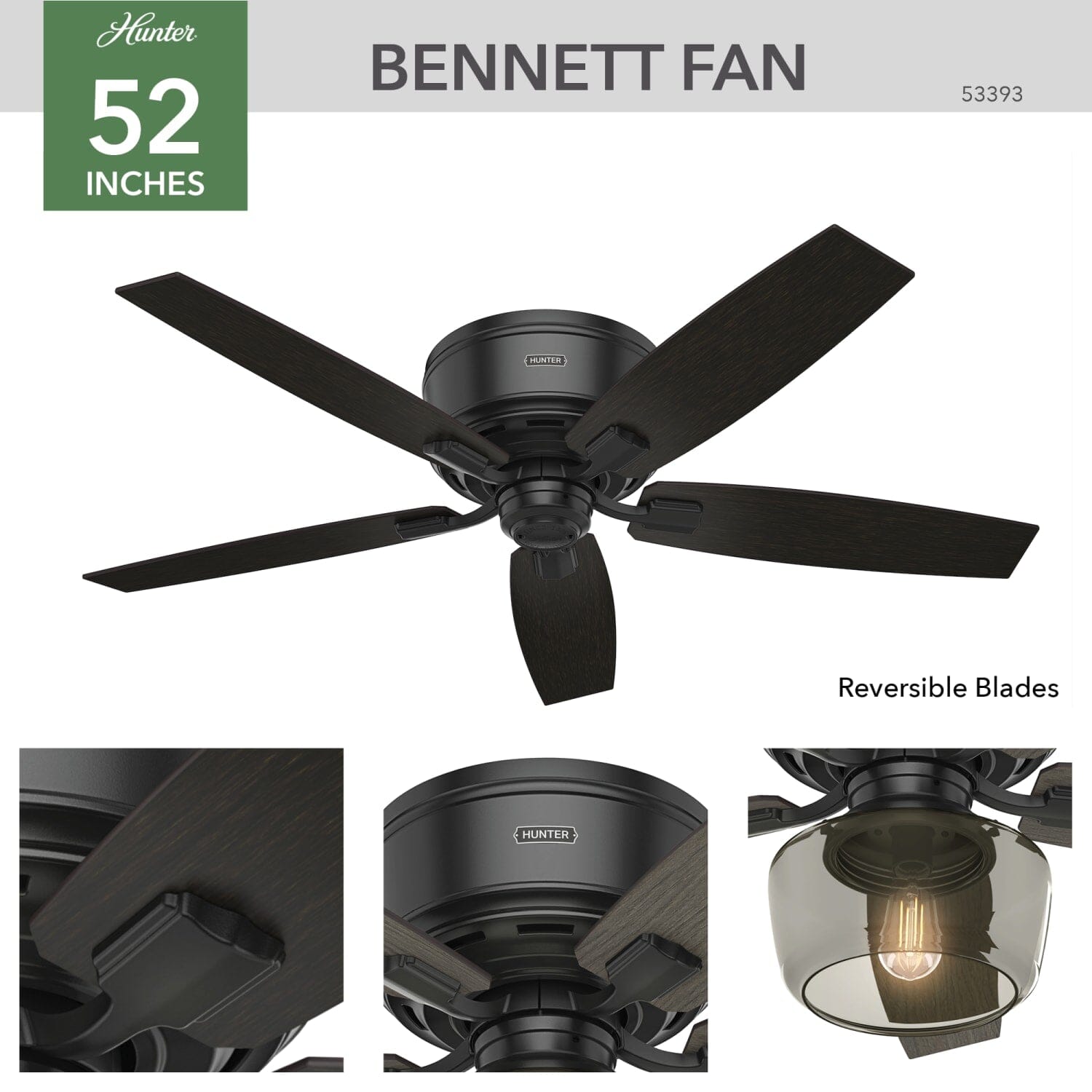 Hunter Bennett Low Profile with Light 52 inch and Remote – Hunter Fan
