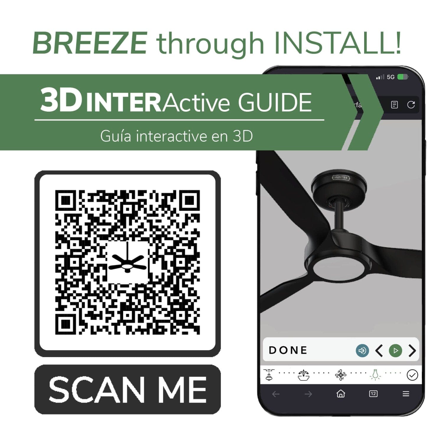 Hunter ZenTech 3 Blade Indoor/Outdoor Smart Fan 44in and Remote