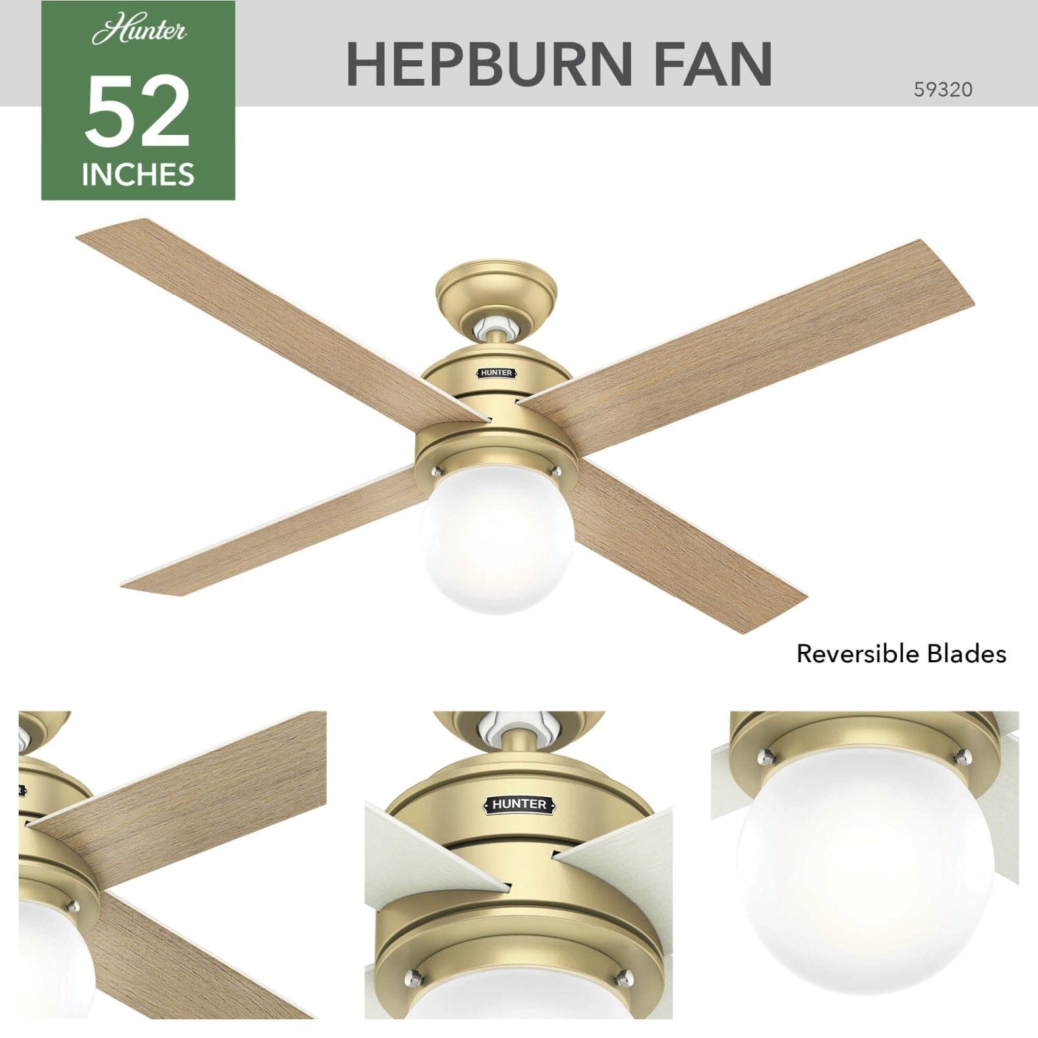 Hunter Hepburn with LED Light 52 inch and Wall Control – Hunter Fan