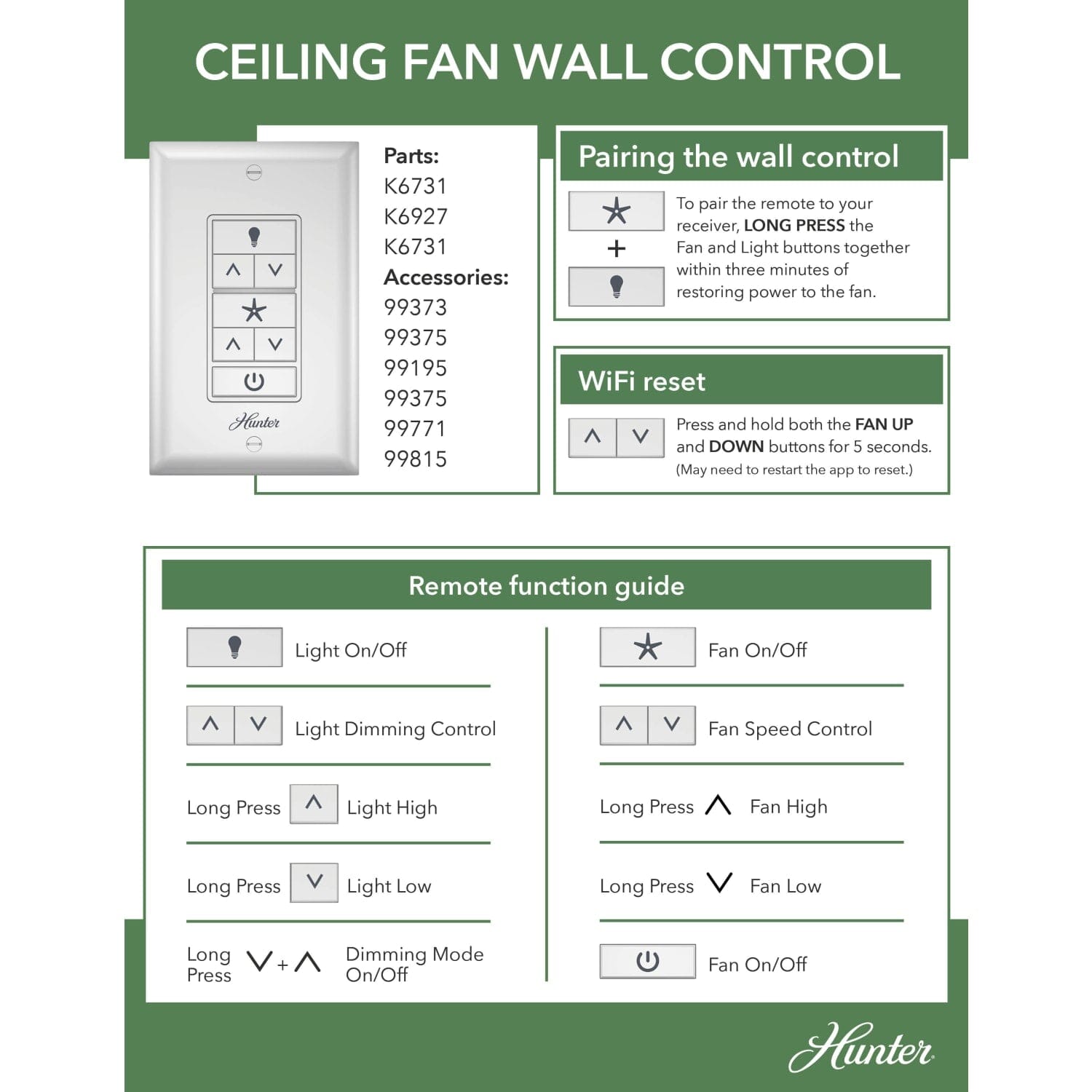 てんむす Hunter Universal Fan-Light Wall Control (Receiver Not Included