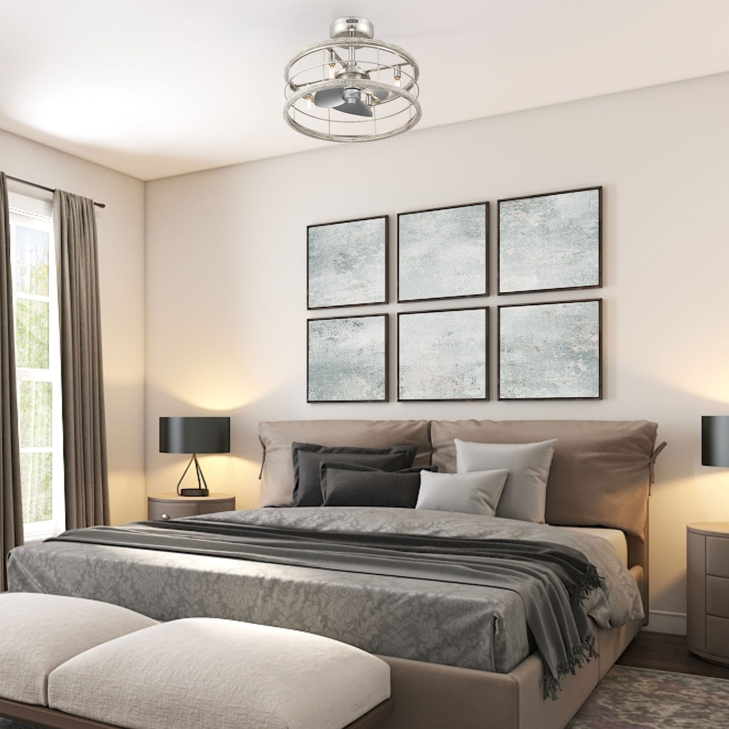 Modern bedroom with Haven Fandelier, a bed, nightstands, and wall art.