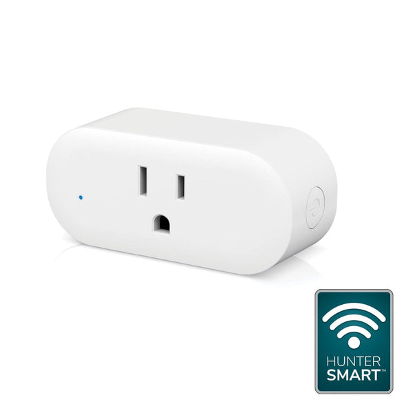 White smart plug that enables wireless control of connected devices through the HunterSMART system.