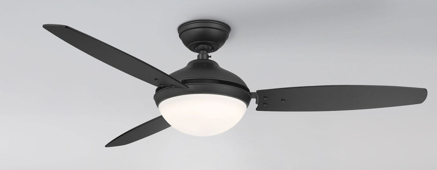 Contemporary three-blade black ceiling fan with a frosted dome light, mounted flush against a white ceiling.