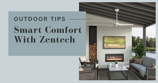 Outdoor living space with white ceiling fan mounted from ceiling with downrod and text that reads Smart Comfort with ZenTech.