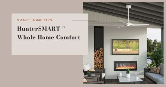 Outdoor living space with white ceiling fan mounted from gray ceiling.