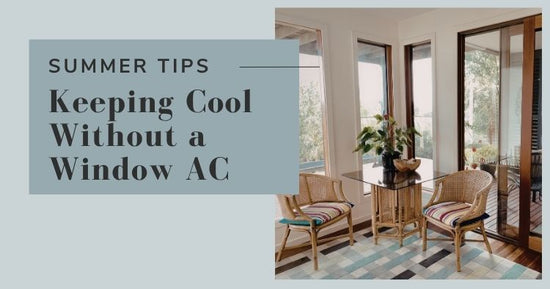 Living room with patio doors open, text overlay 'Summer Tips: Keeping Cool Without a Window AC'.