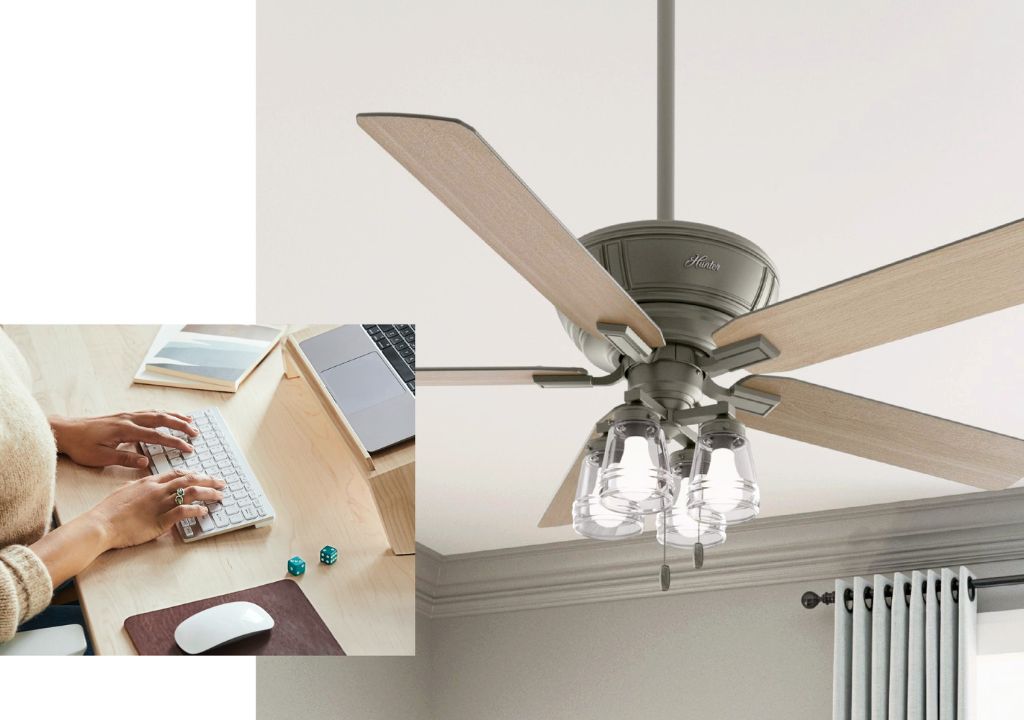 Grantham ceiling fan with 4 lights in a matte silver finish.