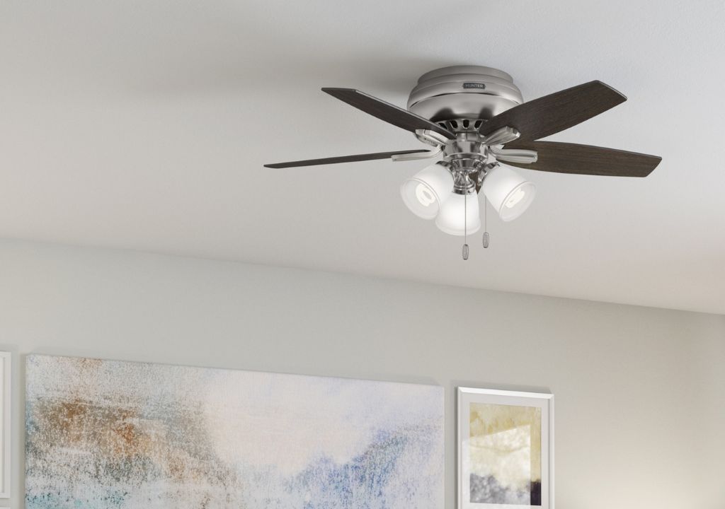 Newsome Low Profile ceiling fan with 3 lights in a brushed nickel finish.