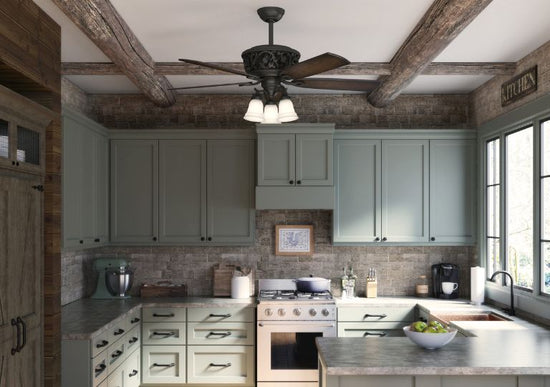 Farmhouse kitchen featuring the Promenade ceiling fan with 3 lights in a brittany bronze finish.