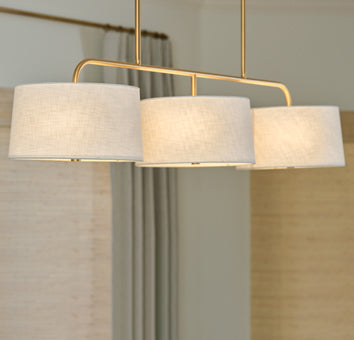 Cottage Hill 6 Light 3 Shade Linear Chandelier in alturas gold finish.