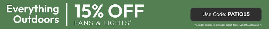 Promotional banner with 15% discount offer on Outdoor fans and lights.