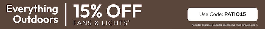 Promotional banner with 15% discount offer on Outdoor fans and lights.