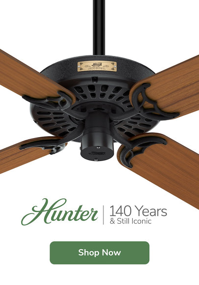 Ceiling Fan with gold Hunter original name plate and Hunter brand message 140 Years & Still Iconic with a button to Shop Now.