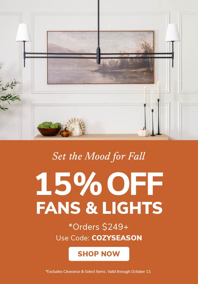 Promo banner with text that reads 15% Off Fan & Light Orders $249+ with Code: COZYSEASON and a button to Shop Now.