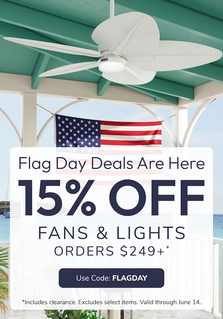 Ceiling fan with American flag and promotional text 15% off Fan & Light Orders $249+ with code: FLAGDAY