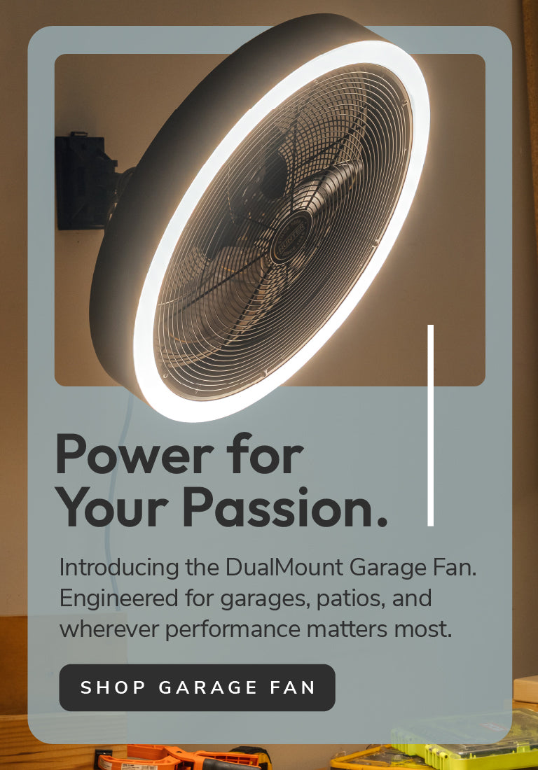 Introducing the DualMount Garage Fan with link to shop Garage Fans.