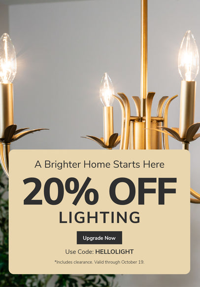 Promo banner offering 20% Off Lighting with code: HELLOLIGHT through October 19th