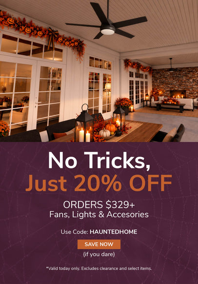 Haunted Home Halloween sale featuring a modern black ceiling fan in a covered outdoor living space decorated with pumpkins, candles, and Halloween accents. Save 20% on orders of $329 or more on fans, lights, and accessories. Use code HAUNTEDHOME. Valid today only. Excludes clearance and select items.