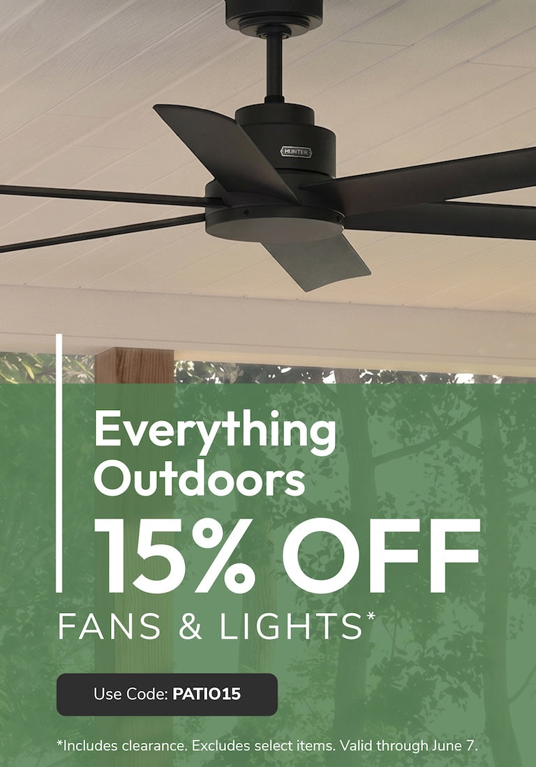 Promotional banner with 15% discount offer on Outdoor fans and lights.