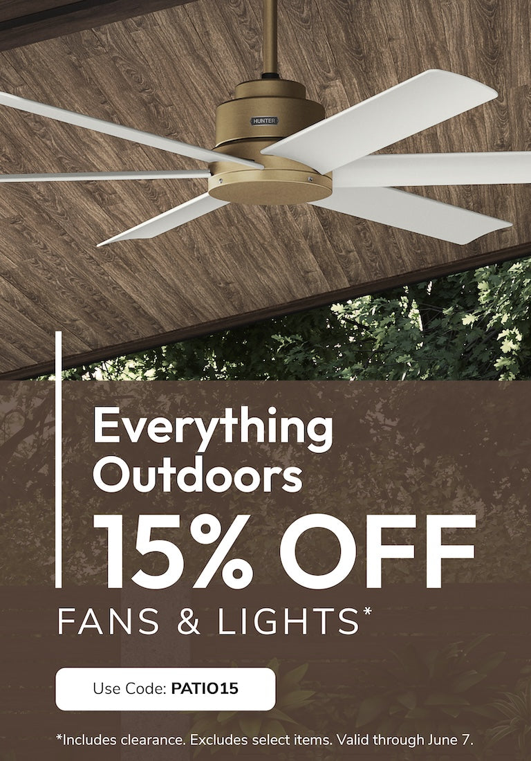 Promotional banner with 15% discount offer on Outdoor fans and lights.