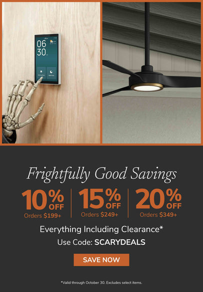 Promotional banner with text that reads Frightfully Good Savings. Save 10% off 199+, 15% Off 249+, 20% Off 349+ including clearance with code: SCARYDEALS through October 30th and button to Save Now.