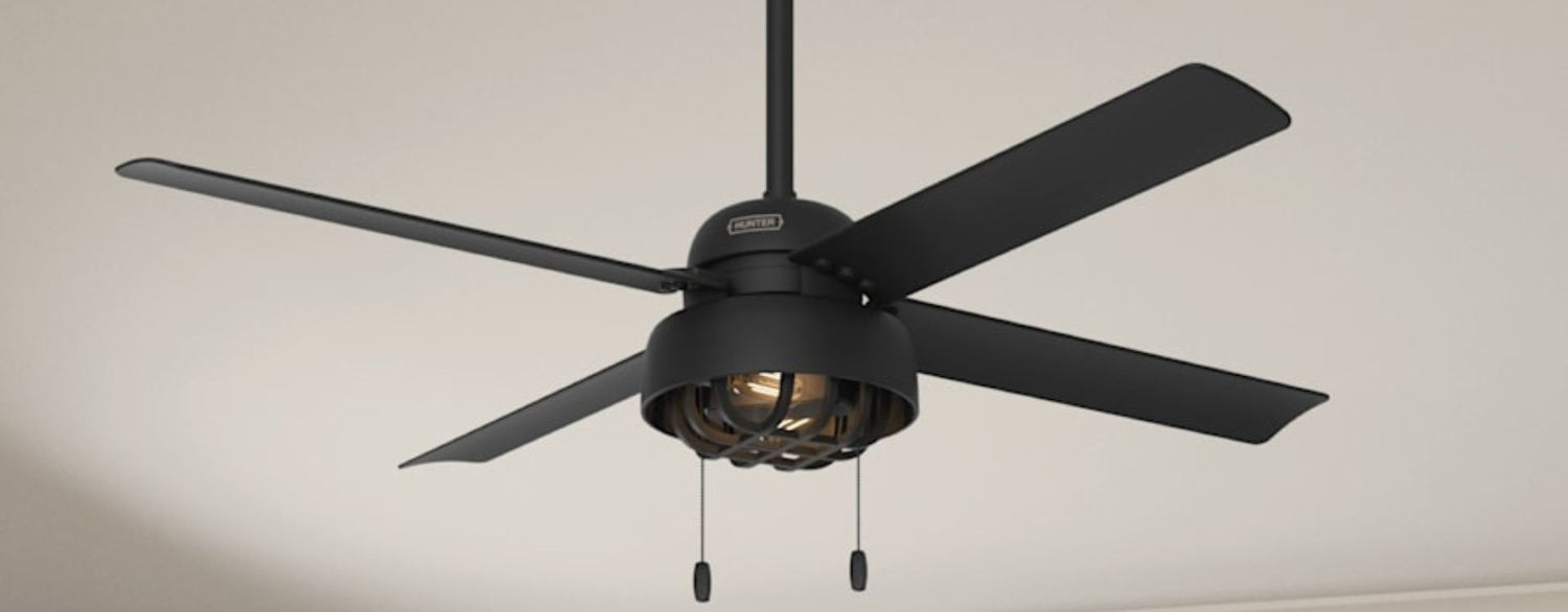 Close-up product image of a matte black caged ceiling fan featuring five blades, dual pull chains, and an integrated industrial-style light enclosed within a protective metal cage. The design combines the airflow performance of a traditional ceiling fan with the decorative character of a statement light fixture.