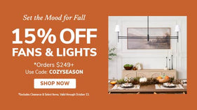 Promo banner with text that reads 15% Off Fan & Light Orders $249+ with Code: COZYSEASON and a button to Shop Now.