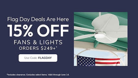 Ceiling fan with American flag and promotional text 15% off Fan & Light Orders $249+ with code: FLAGDAY