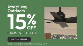 Promotional banner with 15% discount offer on Outdoor fans and lights.