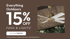 Promotional banner with 15% discount offer on Outdoor fans and lights.