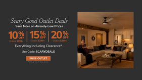 Promotional banner with text that reads Scary Good Outlet Deals. Save more on already-low prices with 10% off 199+, 15% Off 249+, 20% Off 349+ including clearance with code: SCARYDEALS through October 30th and button to Shop Outlet.