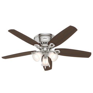 Builder Low Profile with 3 Lights 52 inch with Cased White Glass Ceiling Fans Hunter Brushed Nickel - Brazilian Cherry 