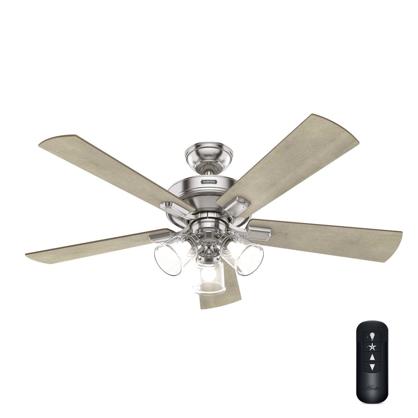 Crestfield with 3 LED Lights 52 inch with remote Ceiling Fans Hunter Brushed Nickel - Bleached Grey Pine 